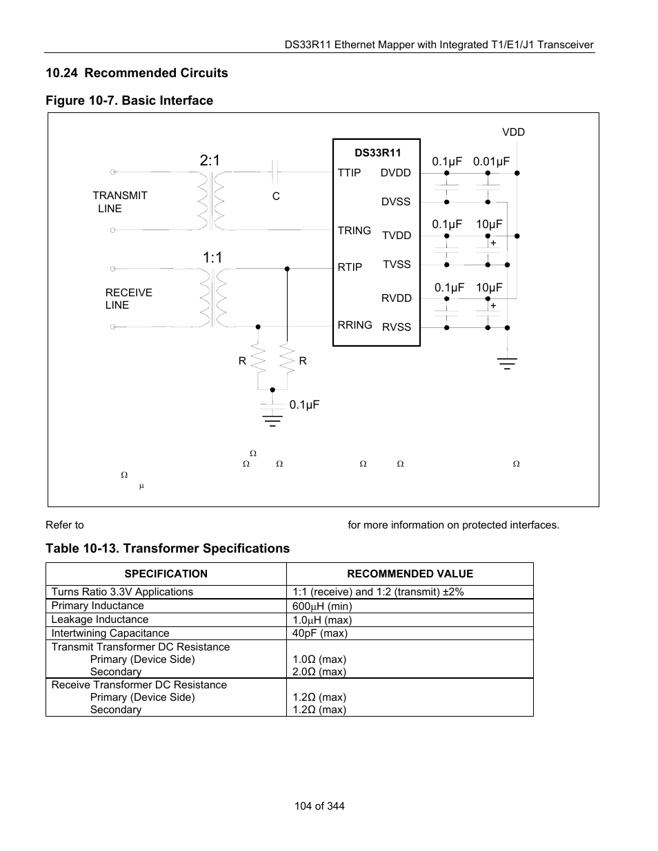 24 recommended circuits, Ecommended, Ircuits | Figure 10-7. basic interface, Table 10-13. transformer specifications, For details, Figure 10-7, Shows a network, E1 applications) through a 1:1 transformer. see, Table 10-13 | Maxim Integrated DS33R11 User Manual | Page 104 / 344