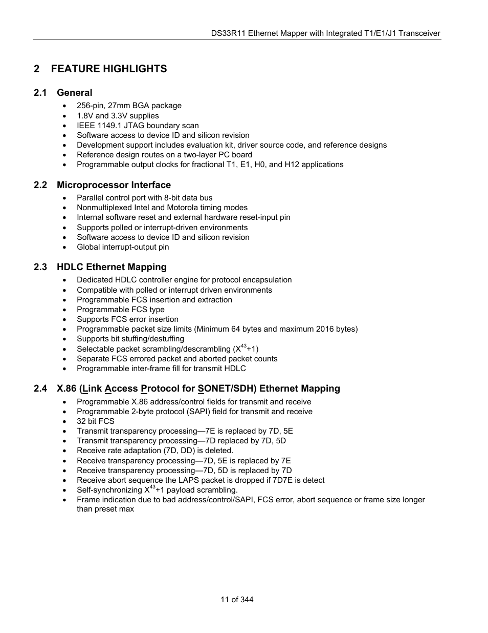 2 feature highlights, 1 general, 2 microprocessor interface | 3 hdlc ethernet mapping, Feature highlights, Eneral, Icroprocessor, Nterface, Hdlc e, Thernet | Maxim Integrated DS33R11 User Manual | Page 11 / 344