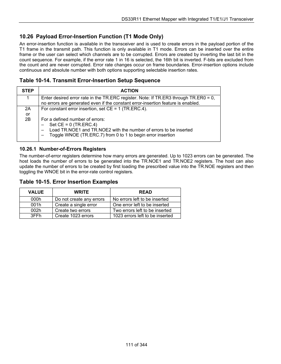 26 payload error-insertion function (t1 mode only), 1 number-of-errors registers, Ayload | Rror, Nsertion, Unction, T1 m, Number-of-errors registers, Table 10-15. error insertion examples | Maxim Integrated DS33R11 User Manual | Page 111 / 344