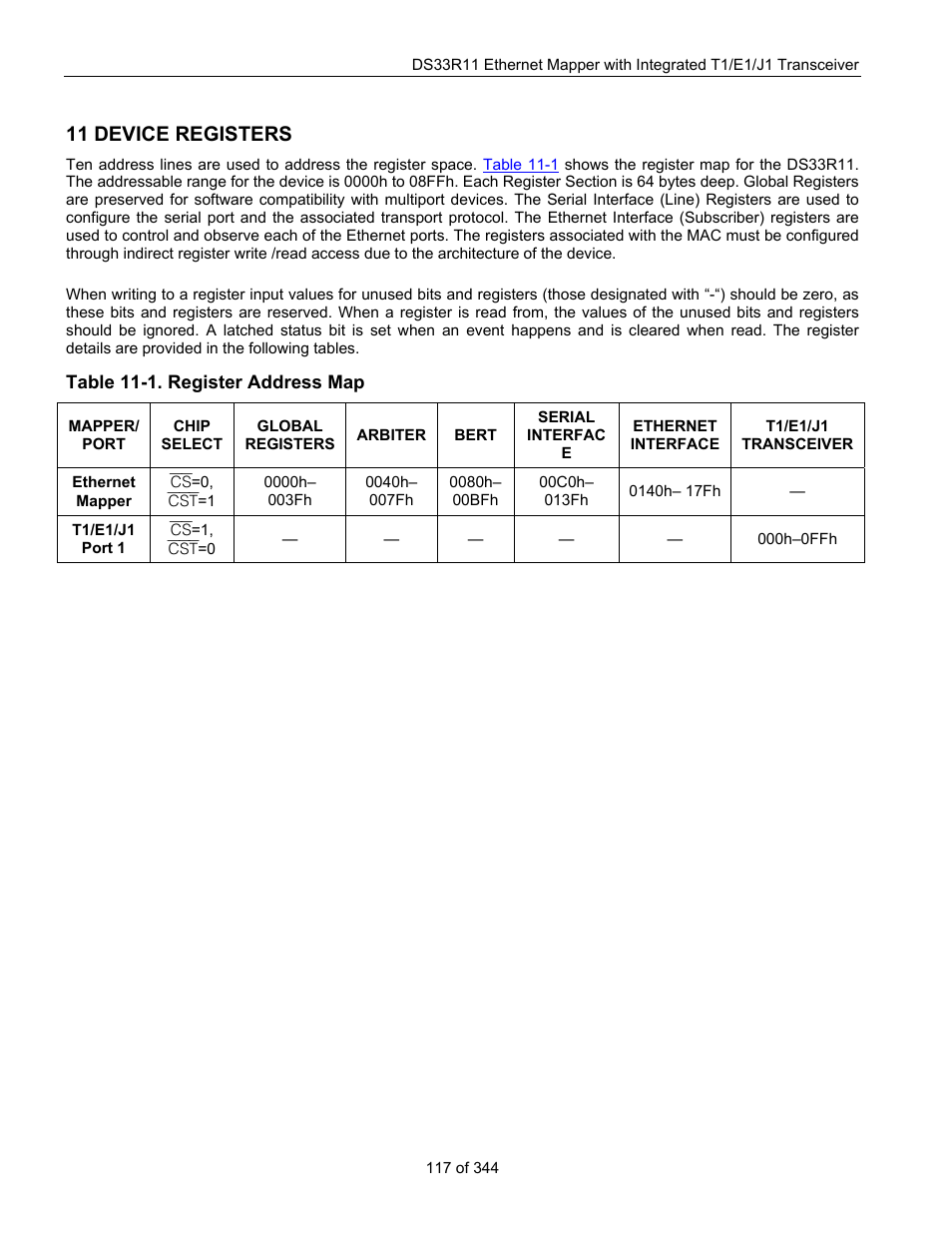 11 device registers, Device registers, Table 11-1. register address map | Table 11-1 | Maxim Integrated DS33R11 User Manual | Page 117 / 344