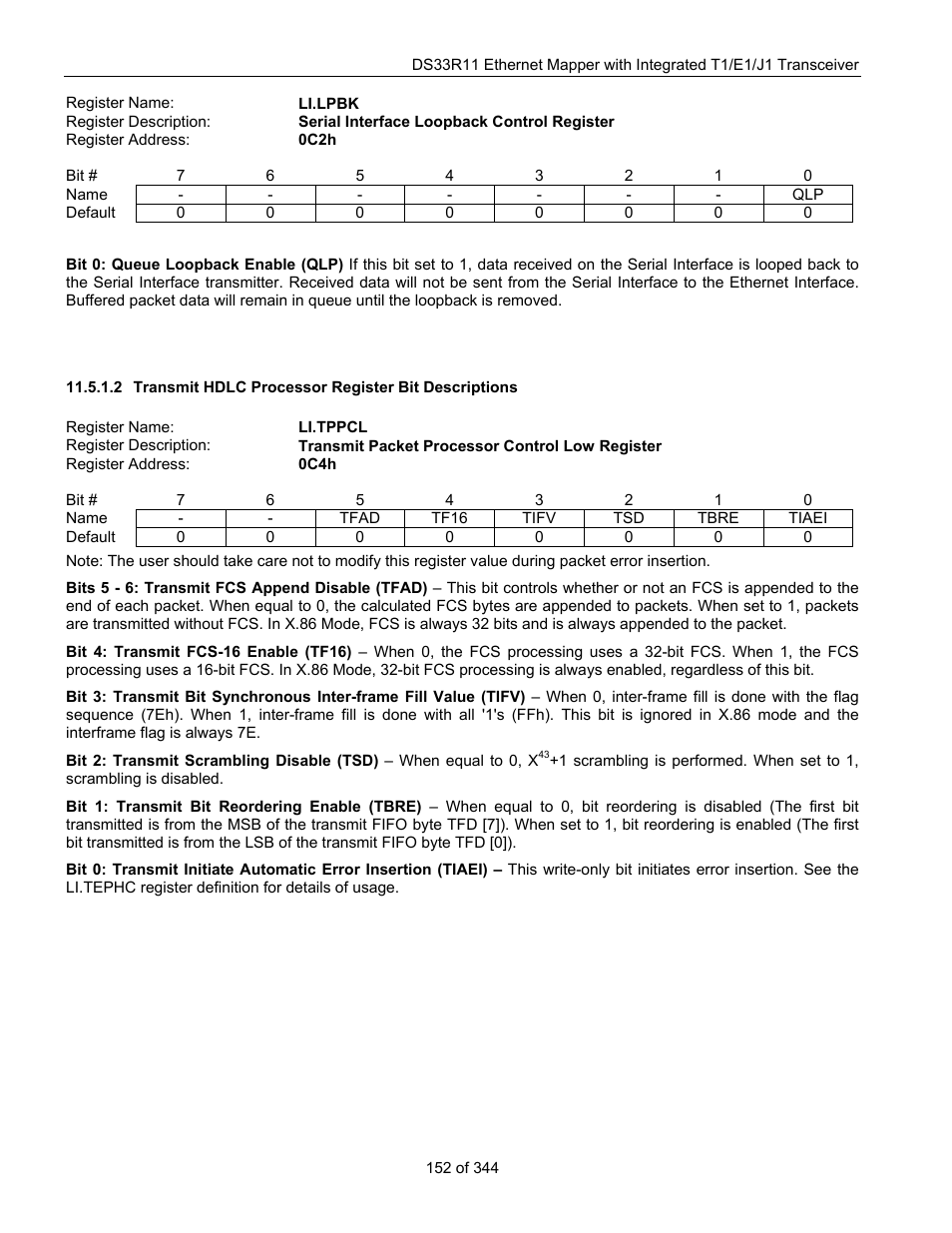 Transmit hdlc processor registers | Maxim Integrated DS33R11 User Manual | Page 152 / 344