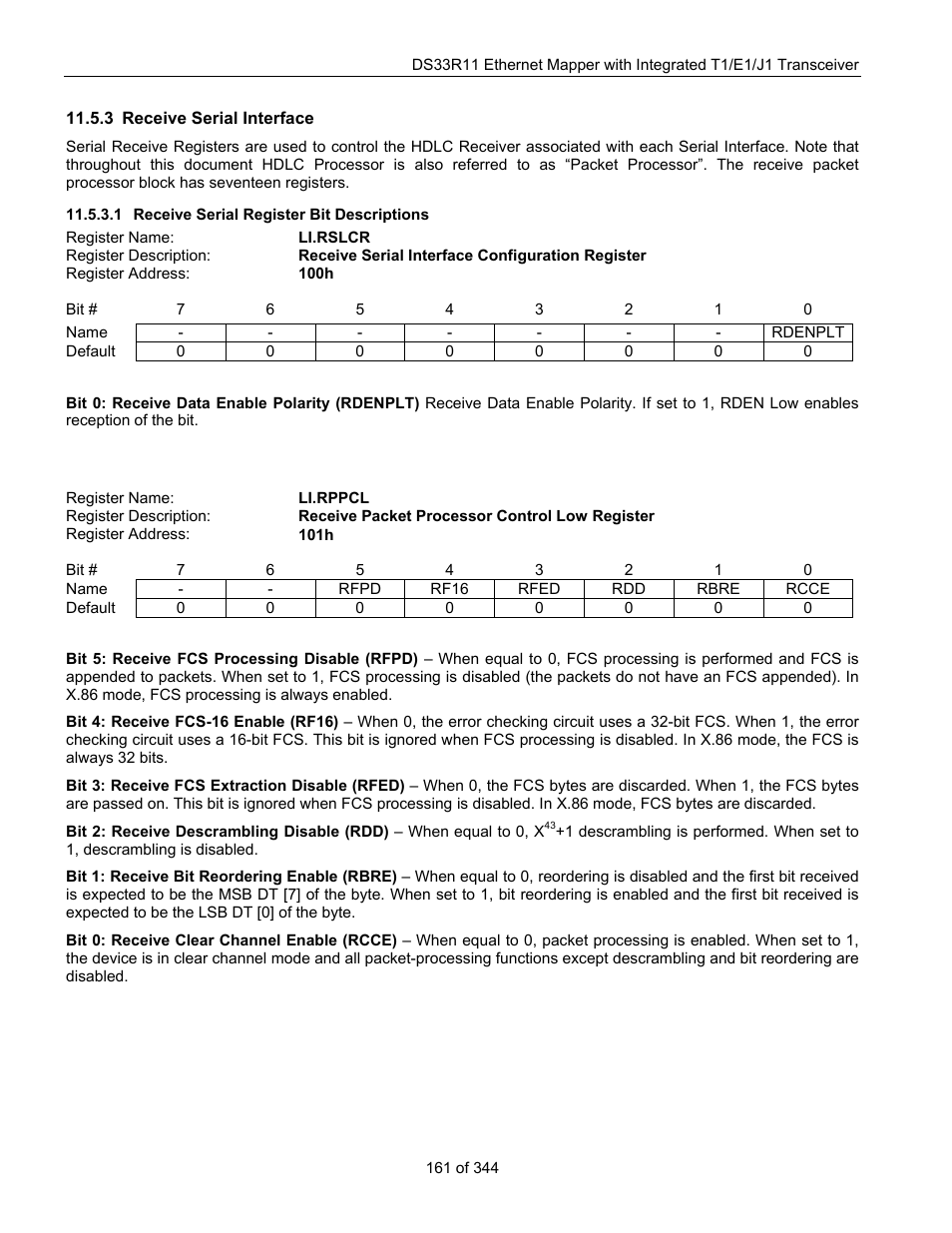 3 receive serial interface, 1 receive serial register bit descriptions, Receive serial interface | Li.rslcr, Li.rppcl | Maxim Integrated DS33R11 User Manual | Page 161 / 344