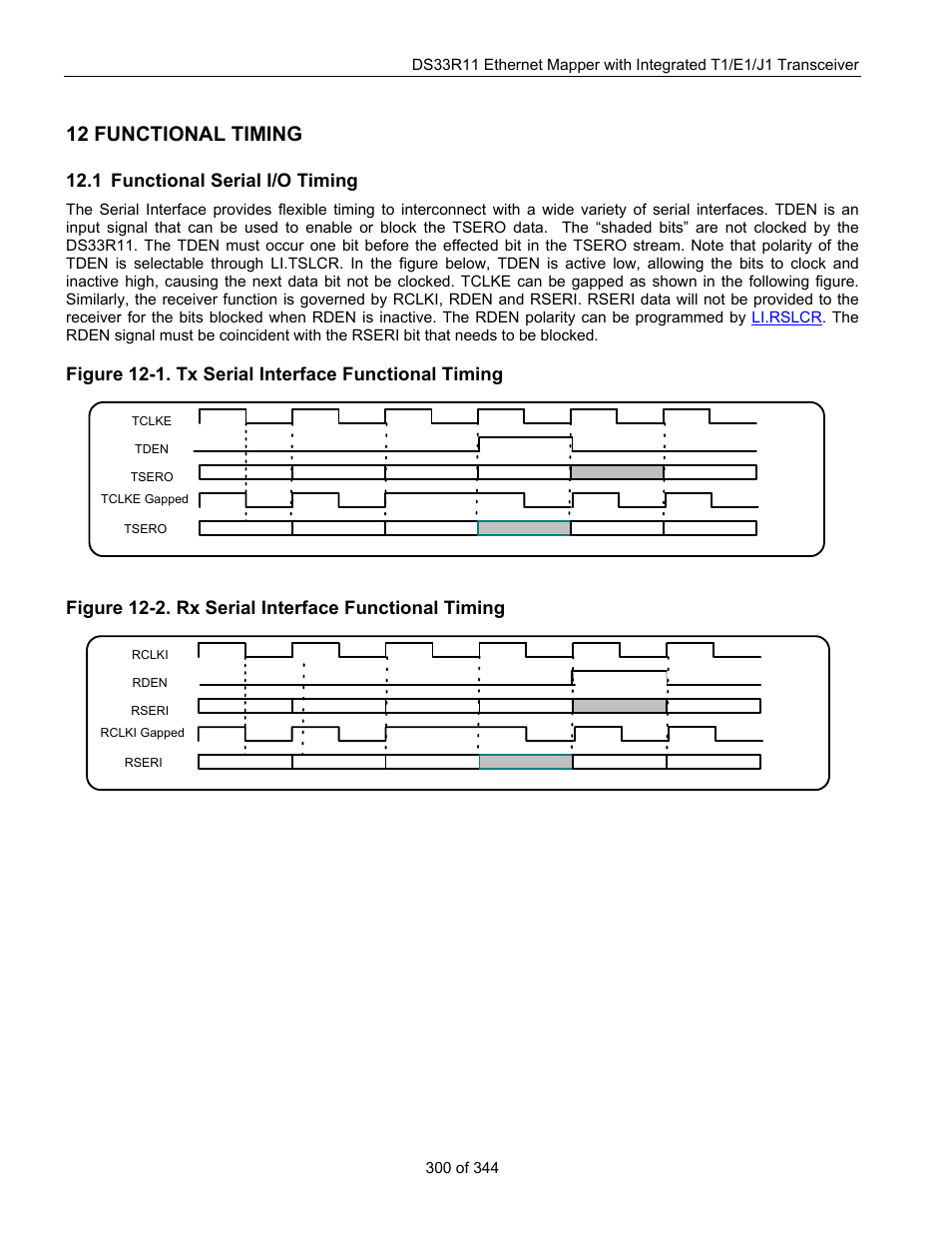 12 functional timing, 1 functional serial i/o timing, Functional timing | Unctional, Erial, I/o t, Iming, Figure 12-1. tx serial interface functional timing, Figure 12-2. rx serial interface functional timing, For some examples | Maxim Integrated DS33R11 User Manual | Page 300 / 344