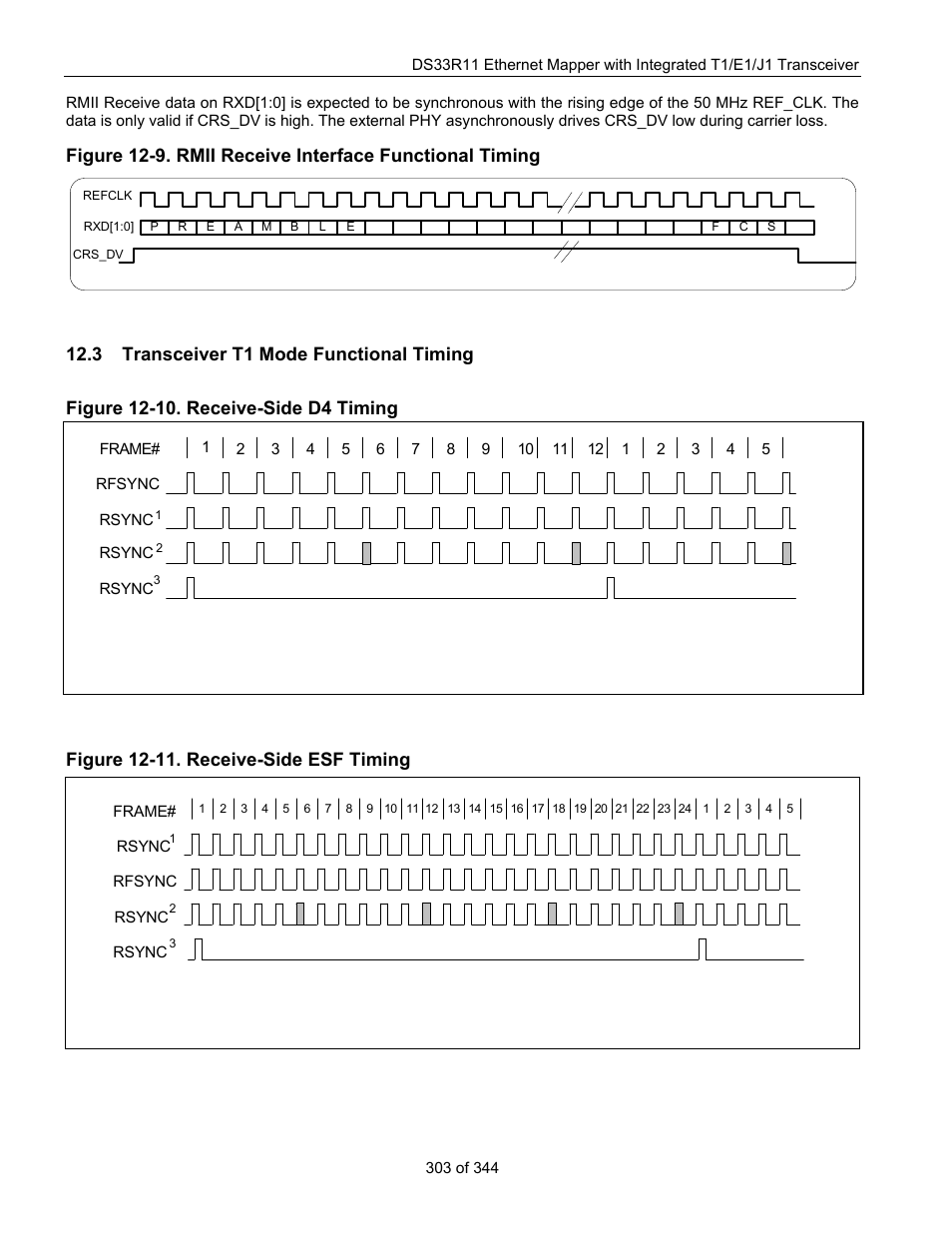 3 transceiver t1 mode functional timing, Ransceiver, T1 m | Unctional, Iming, Figure 12-10. receive-side d4 timing, Figure 12-11. receive-side esf timing | Maxim Integrated DS33R11 User Manual | Page 303 / 344