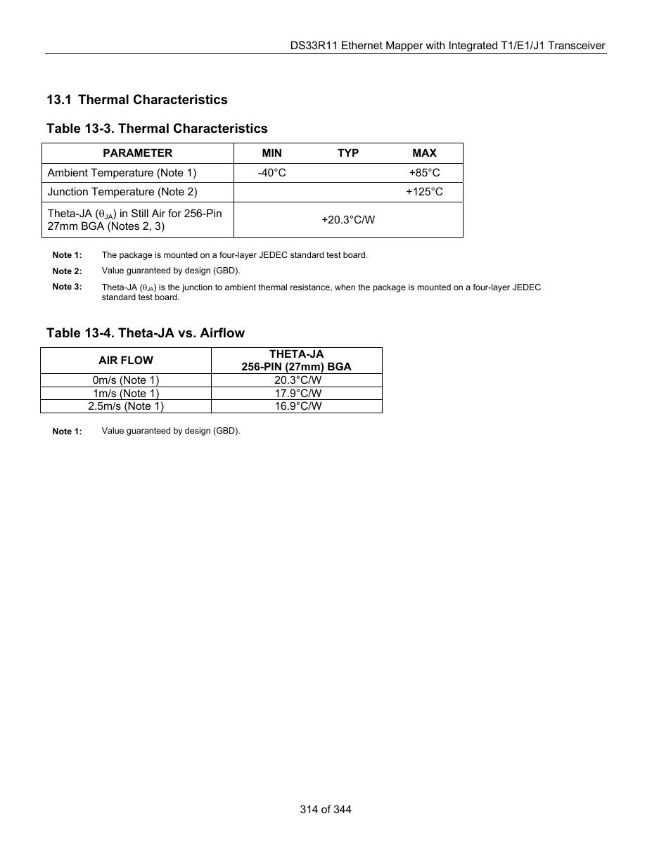 1 thermal characteristics, Hermal, Haracteristics | Table 13-3. thermal characteristics, Table 13-4. theta-ja vs. airflow | Maxim Integrated DS33R11 User Manual | Page 314 / 344
