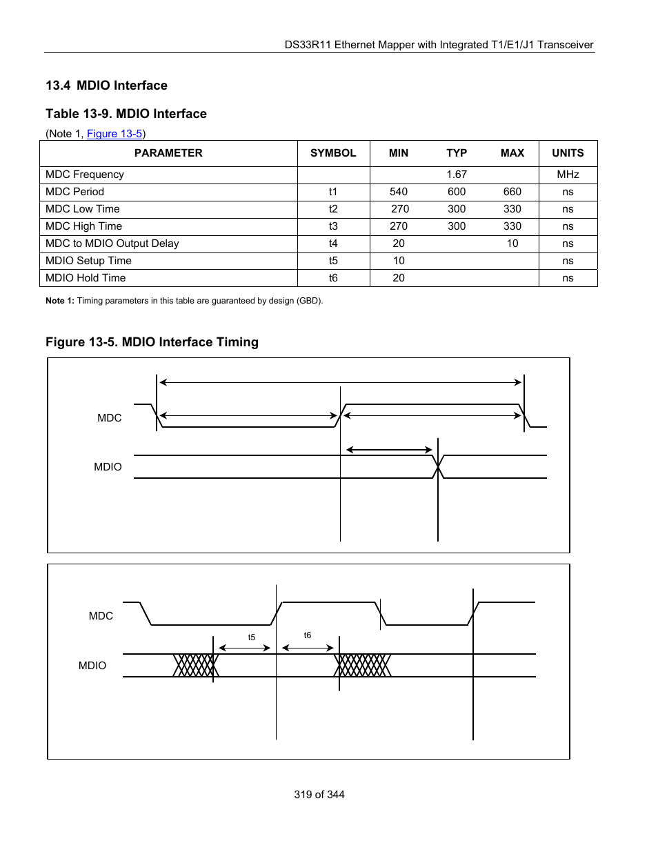 4 mdio interface, Mdio i, Nterface | Figure 13-5. mdio interface timing, Table 13-9. mdio interface | Maxim Integrated DS33R11 User Manual | Page 319 / 344
