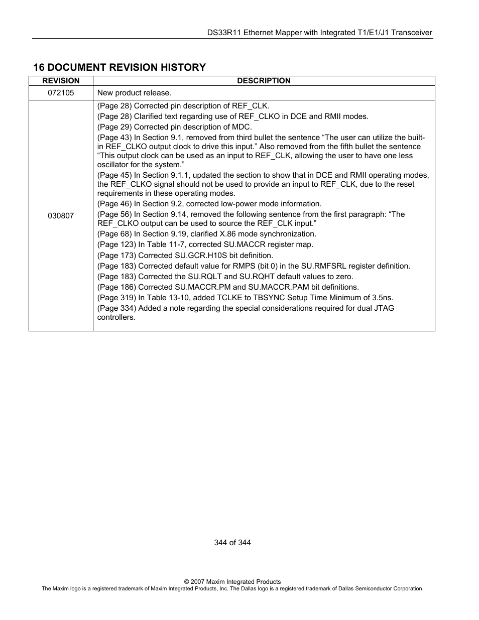 16 document revision history, Document revision history | Maxim Integrated DS33R11 User Manual | Page 344 / 344