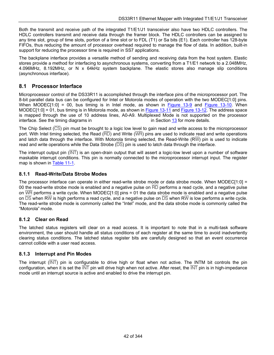 1 processor interface, 1 read-write/data strobe modes, 2 clear on read | 3 interrupt and pin modes, Rocessor, Nterface, Read-write/data strobe modes, Clear on read, Interrupt and pin modes | Maxim Integrated DS33R11 User Manual | Page 42 / 344