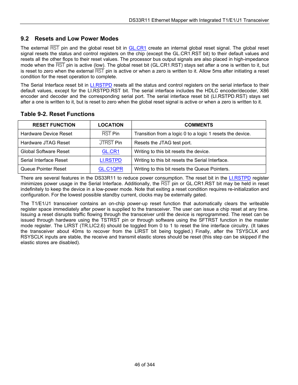 2 resets and low power modes, Esets and, Ower | Odes, Table 9-2. reset functions | Maxim Integrated DS33R11 User Manual | Page 46 / 344