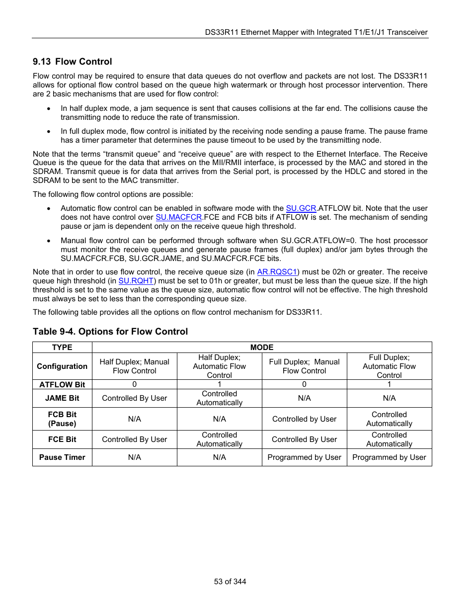 13 flow control, Ontrol, Table 9-4. options for flow control | Maxim Integrated DS33R11 User Manual | Page 53 / 344