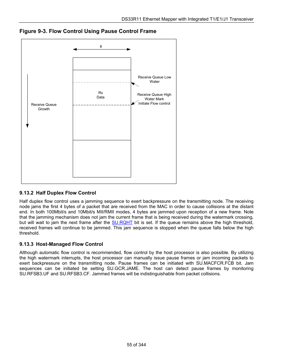 2 half duplex flow control, 3 host-managed flow control, Half duplex flow control | Host-managed flow control, Figure 9-3. flow control using pause control frame | Maxim Integrated DS33R11 User Manual | Page 55 / 344