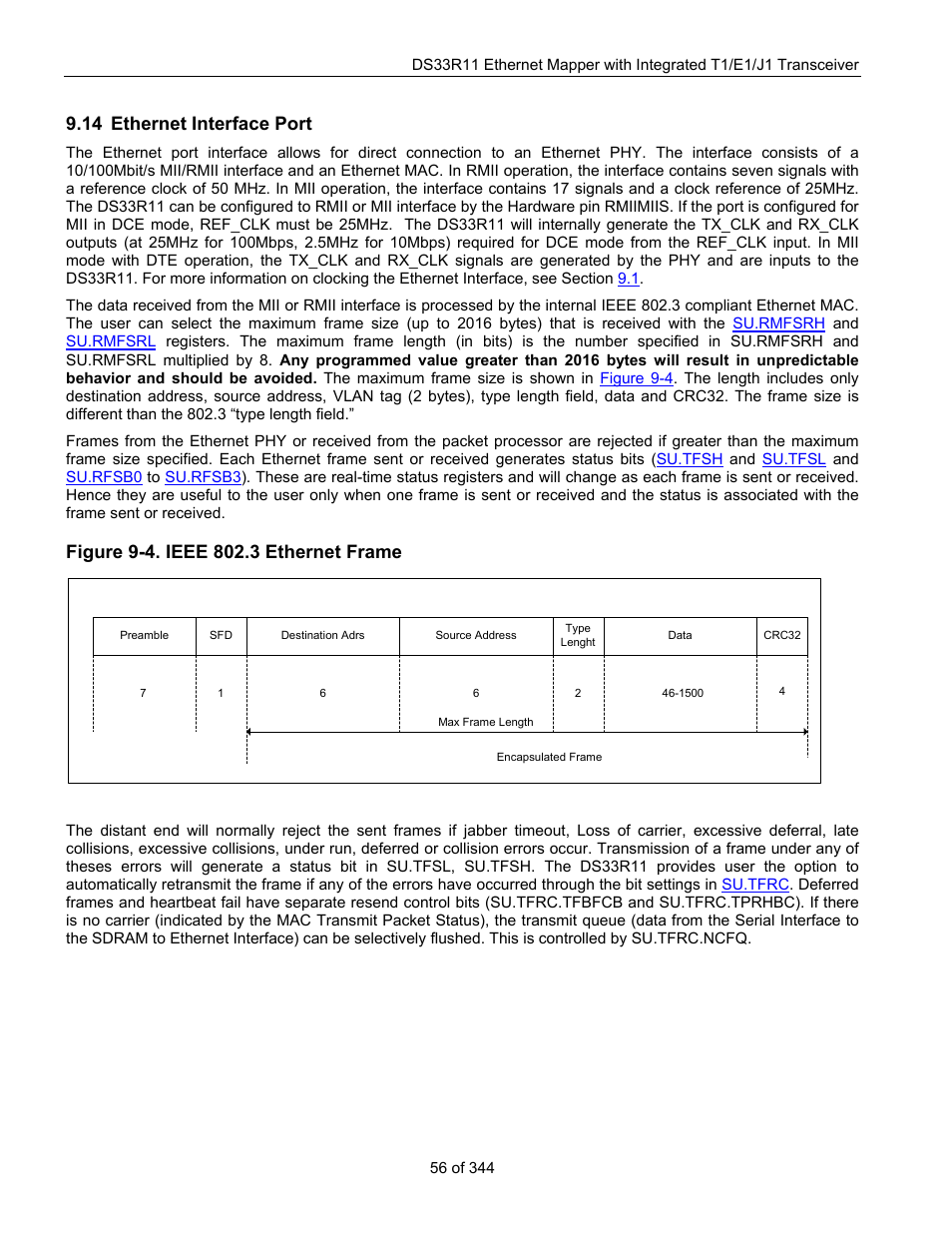 14 ethernet interface port, Thernet, Nterface | Figure 9-4. ieee 802.3 ethernet frame | Maxim Integrated DS33R11 User Manual | Page 56 / 344