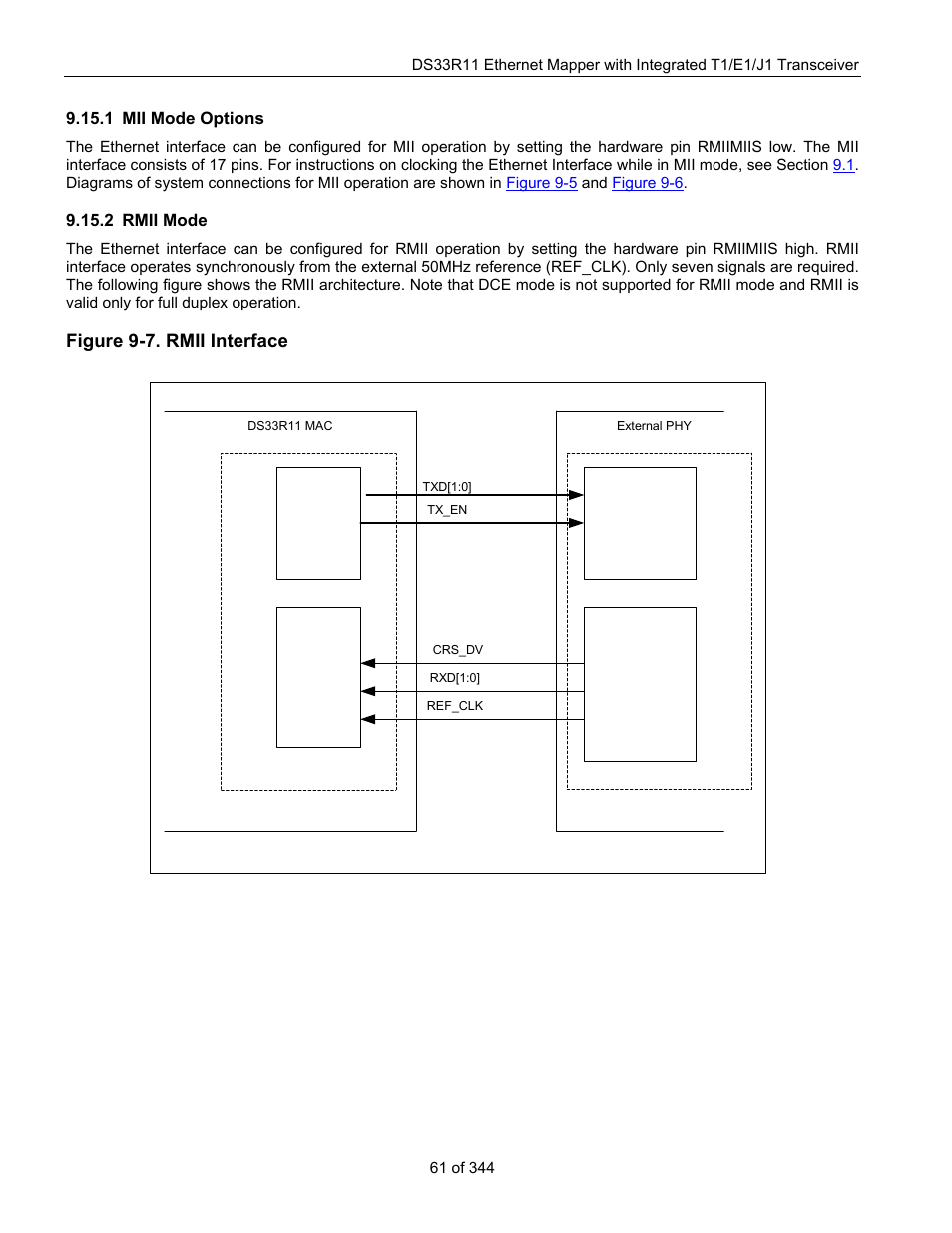 1 mii mode options, P.15.2 rmii mode, Mii mode options | Rmii mode, Figure 9-7. rmii interface, Mode can be found in section | Maxim Integrated DS33R11 User Manual | Page 61 / 344