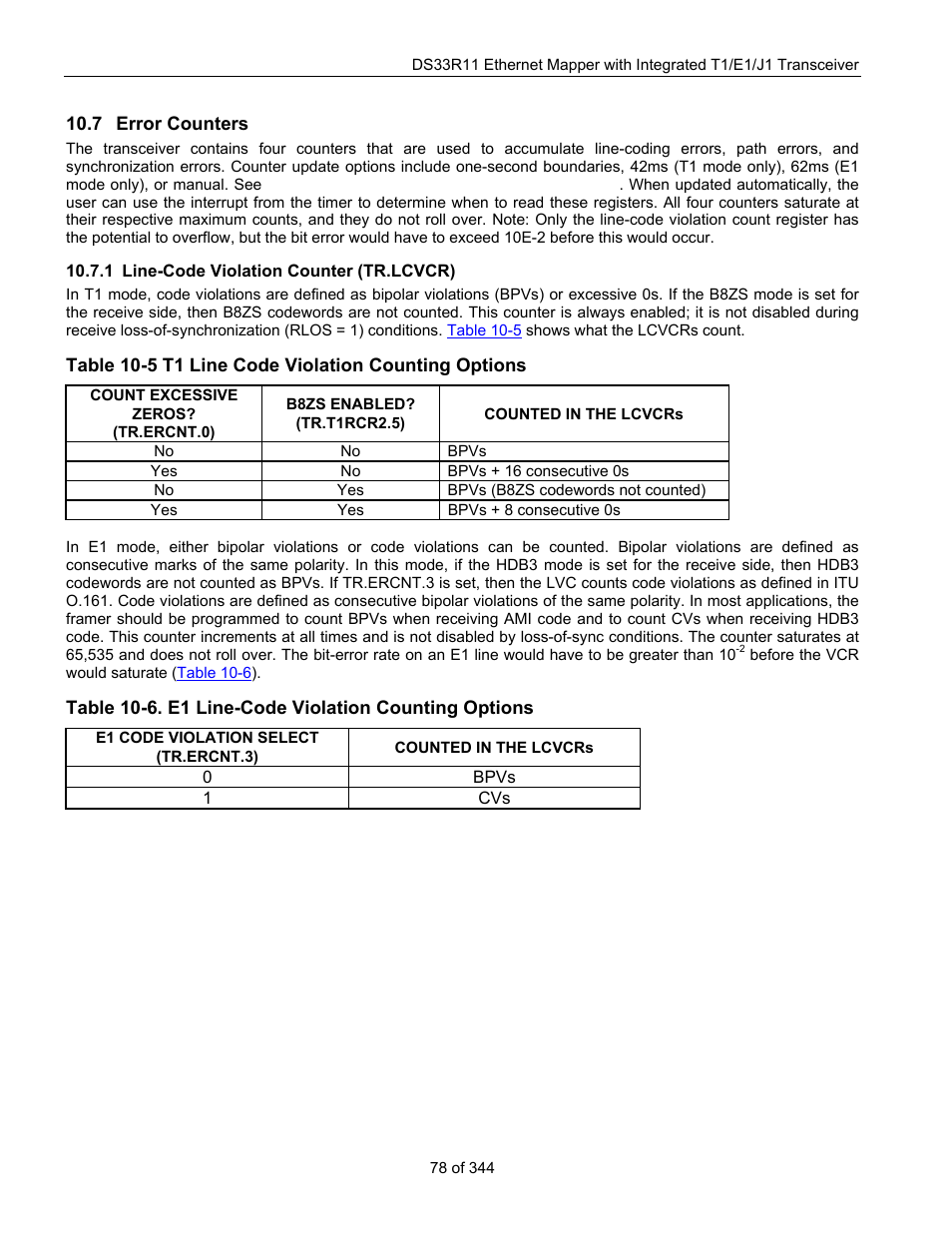 7 error counters, 1 line-code violation counter (tr.lcvcr), Rror | Ounters, Line-code violation counter (tr.lcvcr), Table 10-5 t1 line code violation counting options | Maxim Integrated DS33R11 User Manual | Page 78 / 344