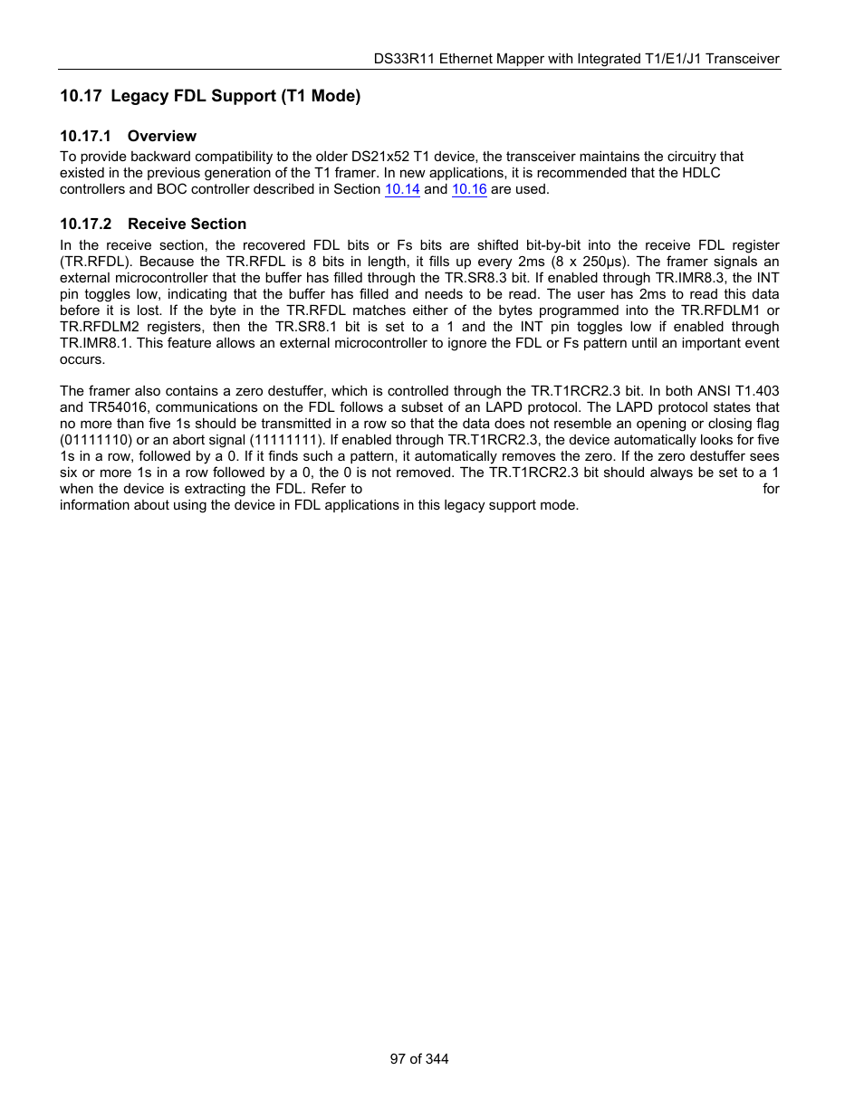 17 legacy fdl support (t1 mode), 1 overview, 2 receive section | Egacy, Fdl s, Upport, T1 m, Overview, Receive section | Maxim Integrated DS33R11 User Manual | Page 97 / 344