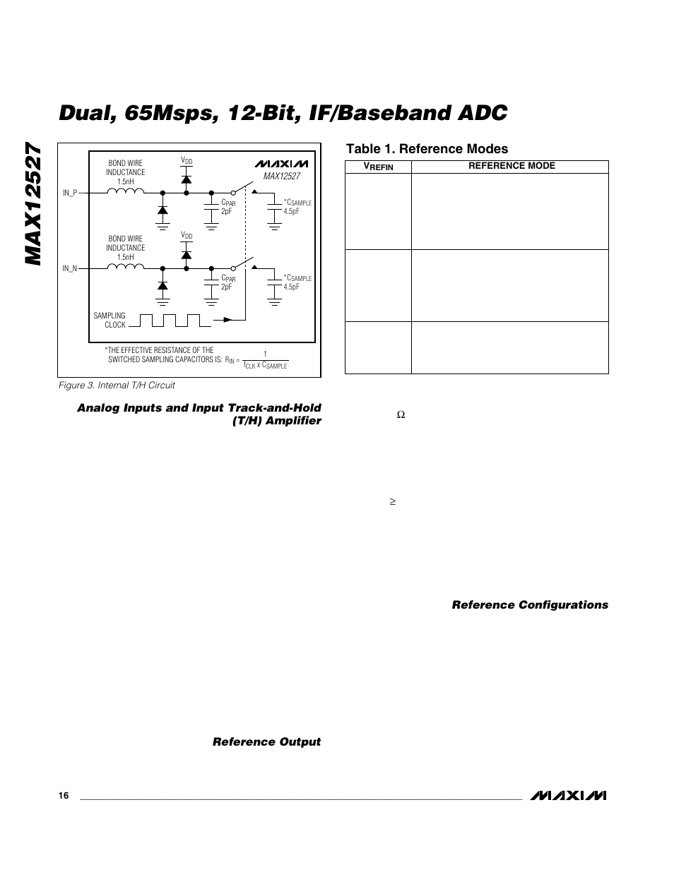 Dual, 65msps, 12-bit, if/baseband adc, Table 1. reference modes | Maxim Integrated MAX12527 User Manual | Page 16 / 28