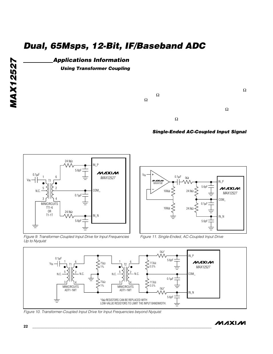 Dual, 65msps, 12-bit, if/baseband adc, Applications information, Using transformer coupling | Single-ended ac-coupled input signal | Maxim Integrated MAX12527 User Manual | Page 22 / 28