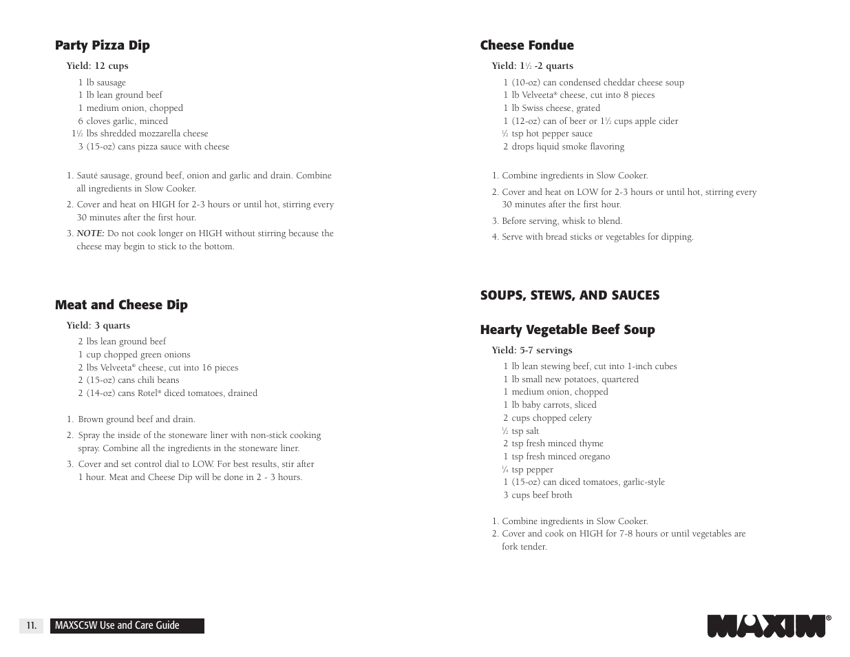 Cheese fondue, Party pizza dip, Meat and cheese dip | Maxim Integrated MAXSC5W User Manual | Page 12 / 26