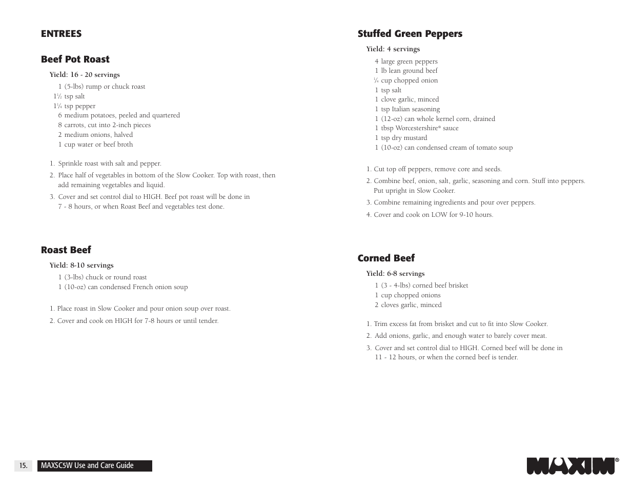 Stuffed green peppers, Corned beef, Entrees beef pot roast | Roast beef | Maxim Integrated MAXSC5W User Manual | Page 15 / 26