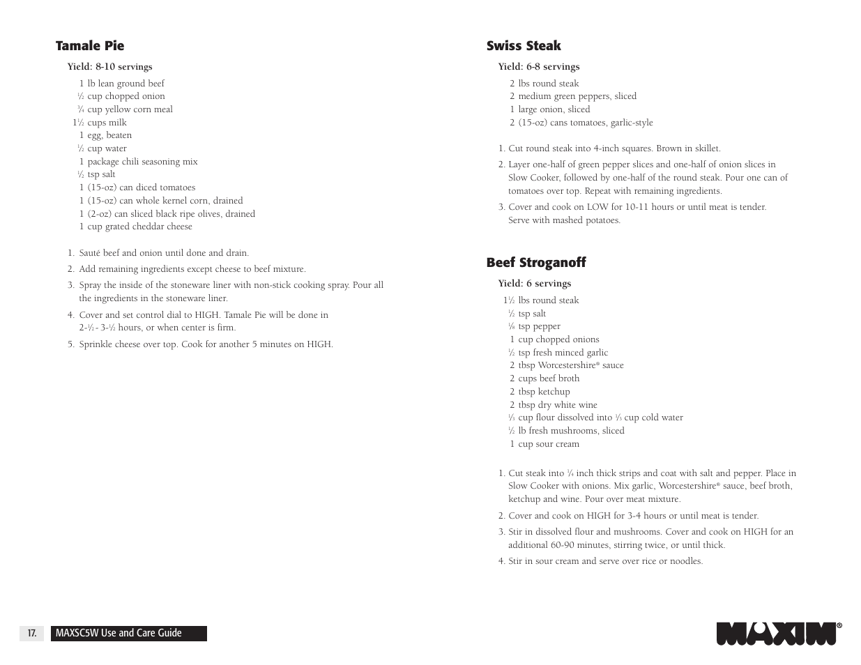 Swiss steak, Beef stroganoff, Tamale pie | Maxim Integrated MAXSC5W User Manual | Page 17 / 26