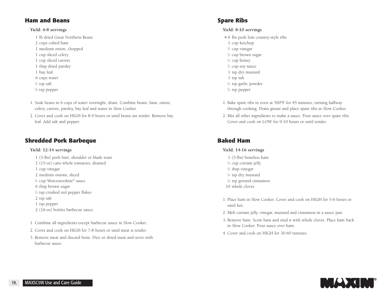 Spare ribs, Baked ham, Ham and beans | Shredded pork barbeque | Maxim Integrated MAXSC5W User Manual | Page 20 / 26
