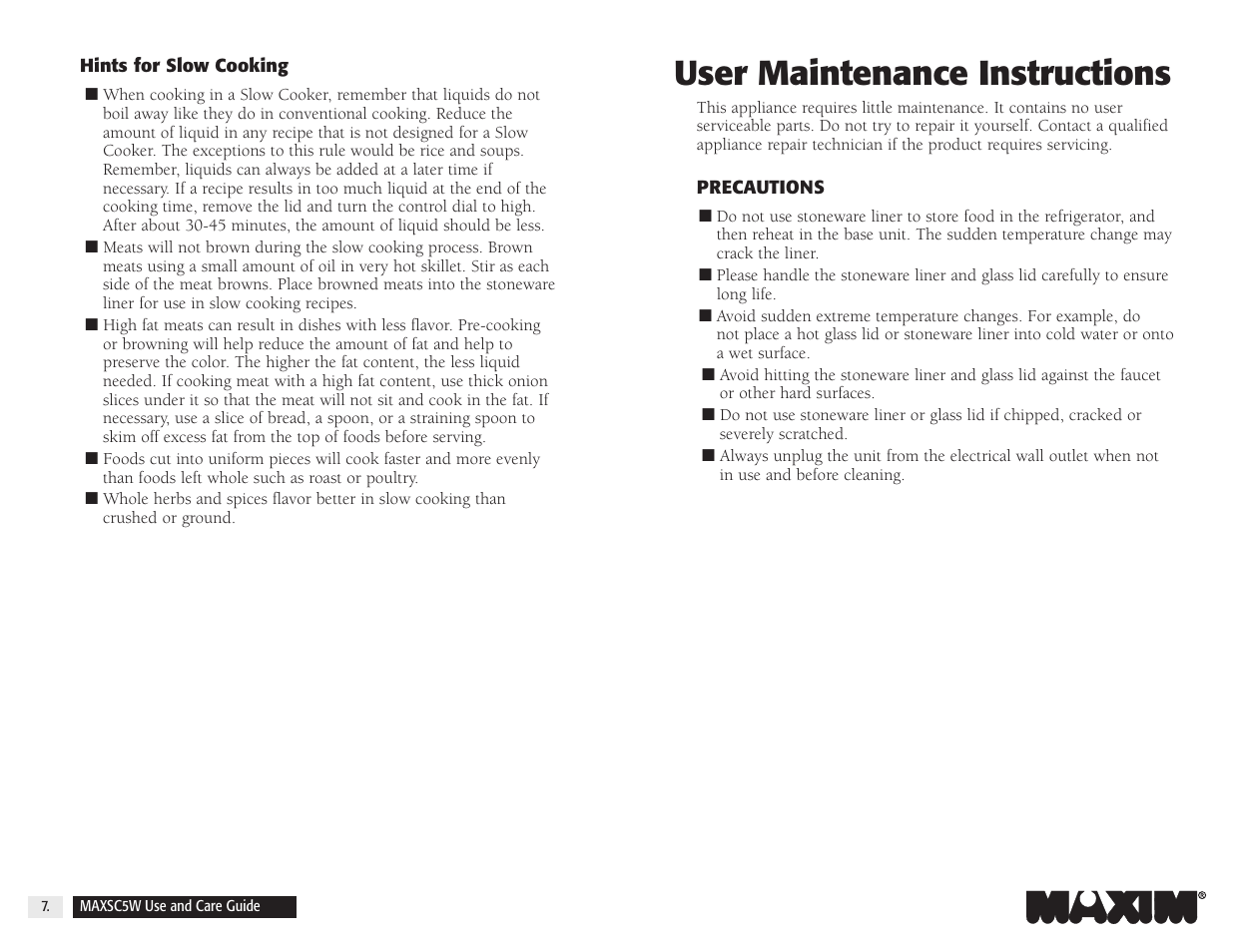 User maintenance instructions | Maxim Integrated MAXSC5W User Manual | Page 8 / 26