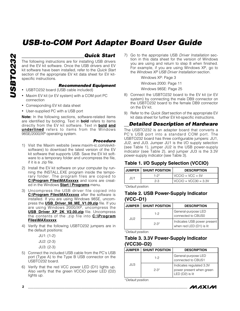 Usbto232, Usb-to-com port adapter board user guide, Quick start | Detailed description of hardware, Table 1. i/o supply selection (vccio), Table 2. usb power-supply indicator (vcc–d1) | Maxim Integrated USBTO232 User Manual | Page 2 / 31