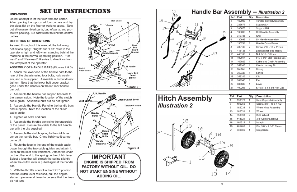 Hitch assembly, Set up instructions, Important | Illustration 2, Handle bar assembly | Maxim Manufacturing MS50B User Manual | Page 4 / 6