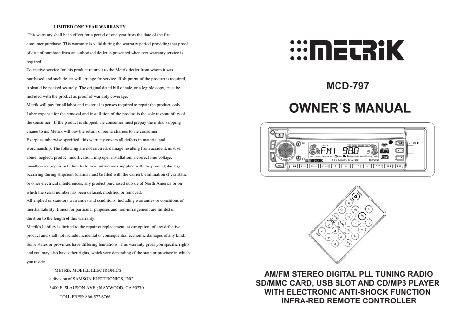 Metrik Mobile Electronics MCD-797 User Manual | 8 pages