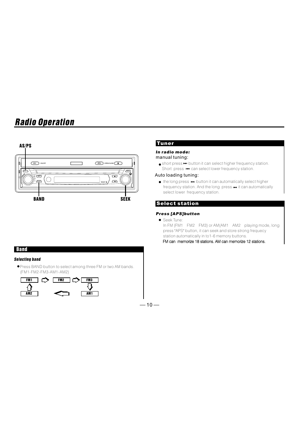 Radio operation, Band, Select station | Tuner | Metrik Mobile Electronics MIN-T66 User Manual | Page 11 / 19