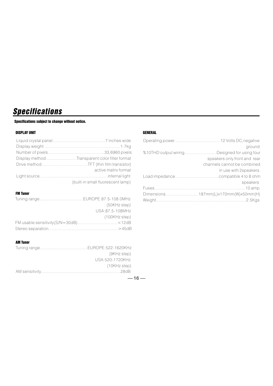 Specifications | Metrik Mobile Electronics MIN-T66 User Manual | Page 17 / 19