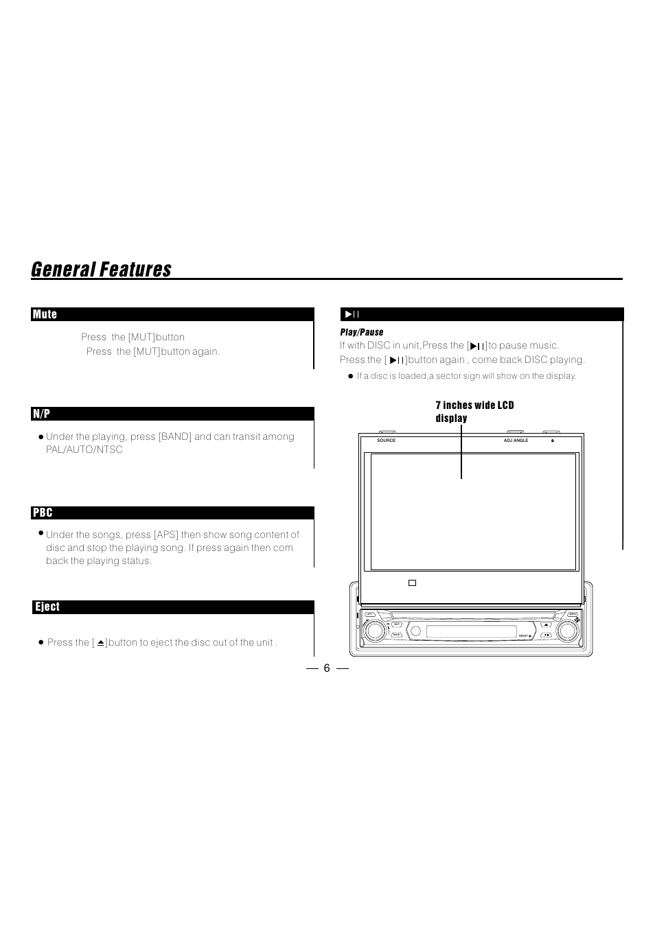 General features, 6mute, Eject | N/p pbc | Metrik Mobile Electronics MIN-T66 User Manual | Page 7 / 19