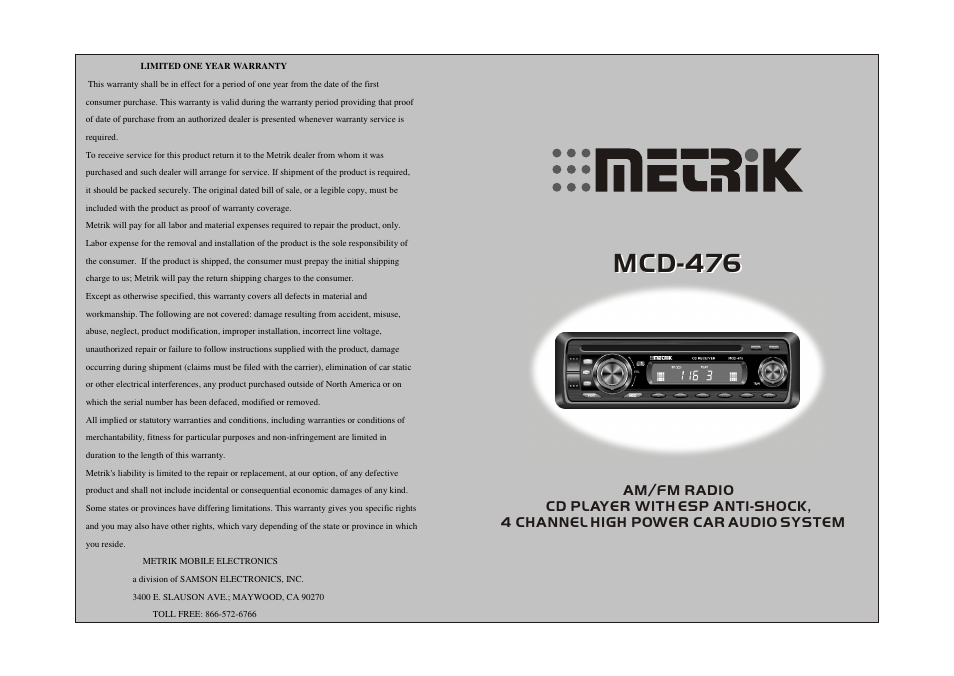 Metrik Mobile Electronics MCD-476 User Manual | 6 pages