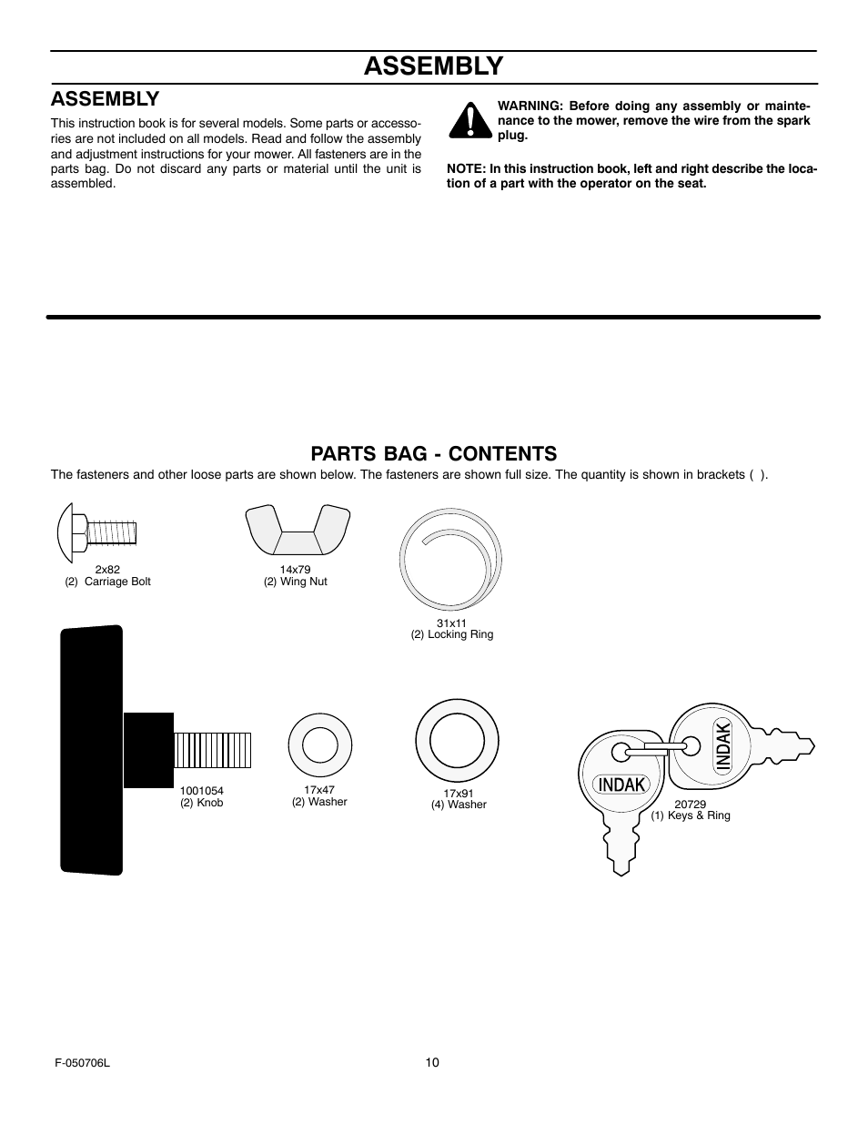 Assembly, Parts bag - contents | Murray 425014x92B User Manual | Page 10 / 56