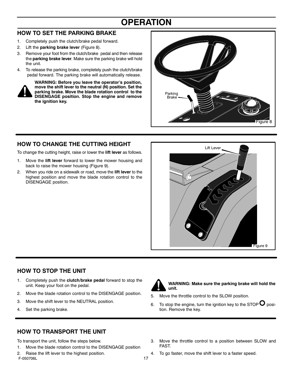 Operation, How to set the parking brake, How to change the cutting height | How to stop the unit, How to transport the unit | Murray 425014x92B User Manual | Page 17 / 56