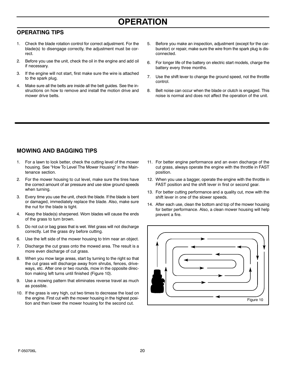 Operation, Operating tips, Mowing and bagging tips | Murray 425014x92B User Manual | Page 20 / 56