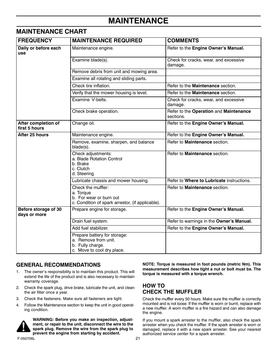 Maintenance, Maintenance chart | Murray 425014x92B User Manual | Page 21 / 56