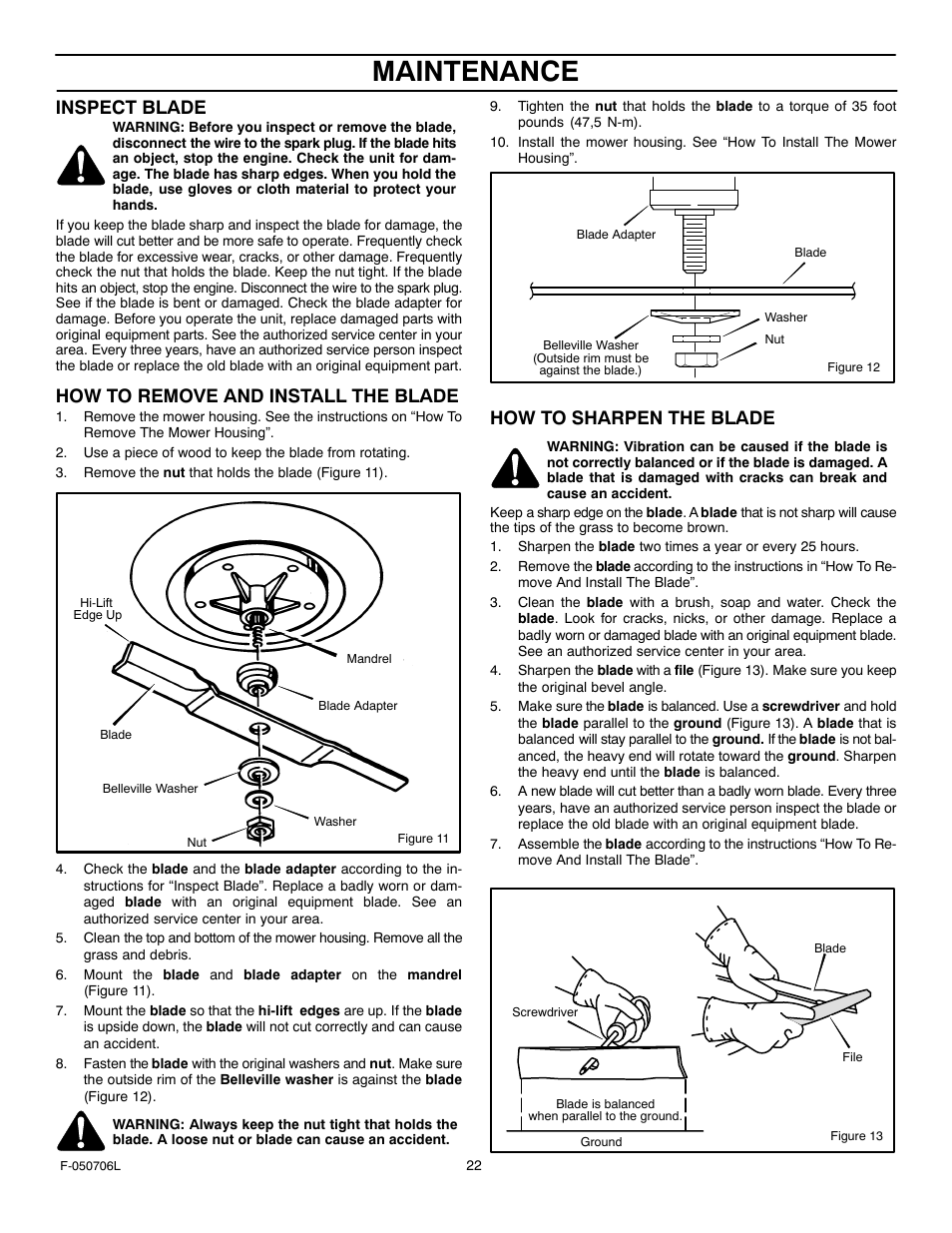 Maintenance, Inspect blade, How to remove and install the blade | How to sharpen the blade | Murray 425014x92B User Manual | Page 22 / 56