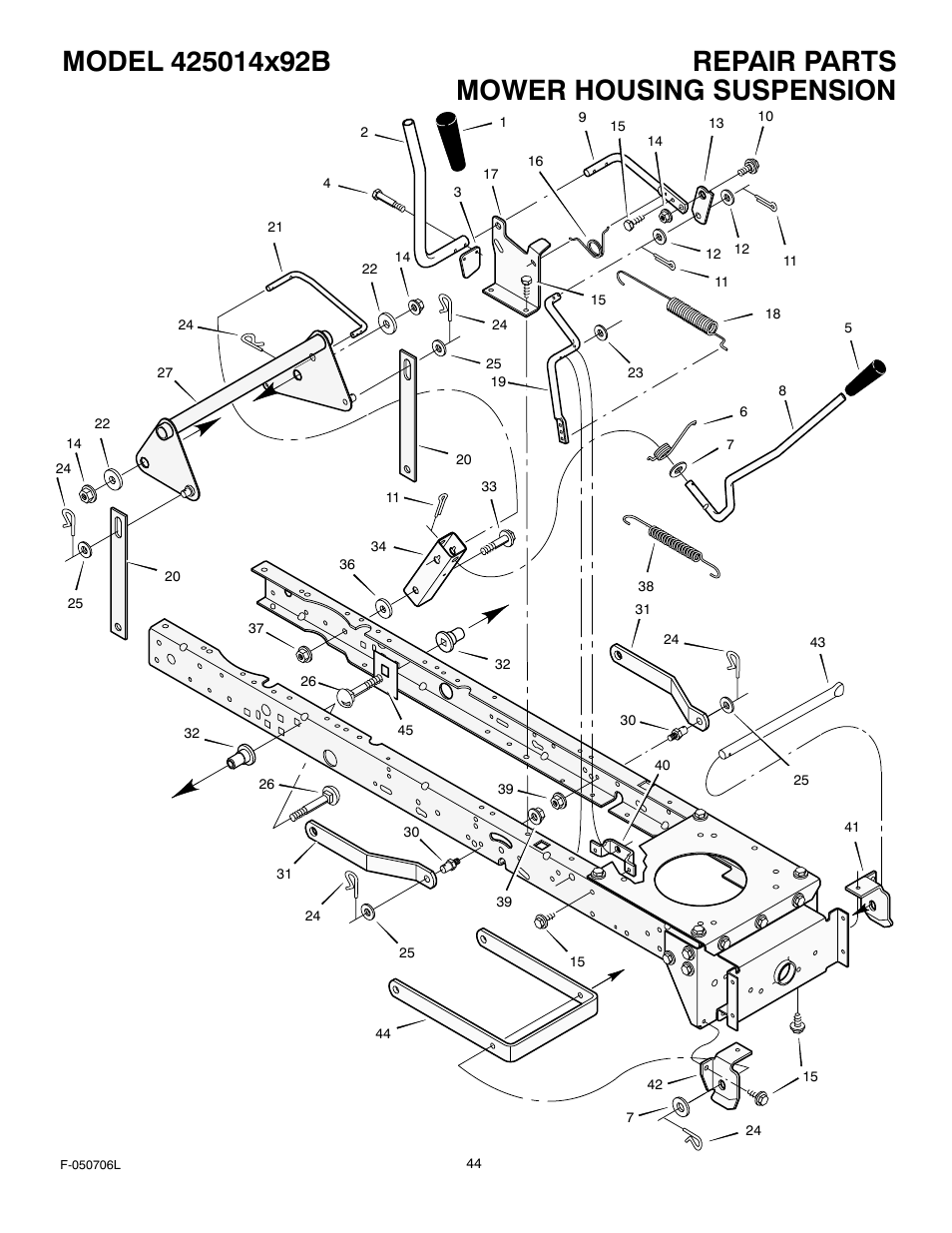 Mower housing suspension | Murray 425014x92B User Manual | Page 44 / 56