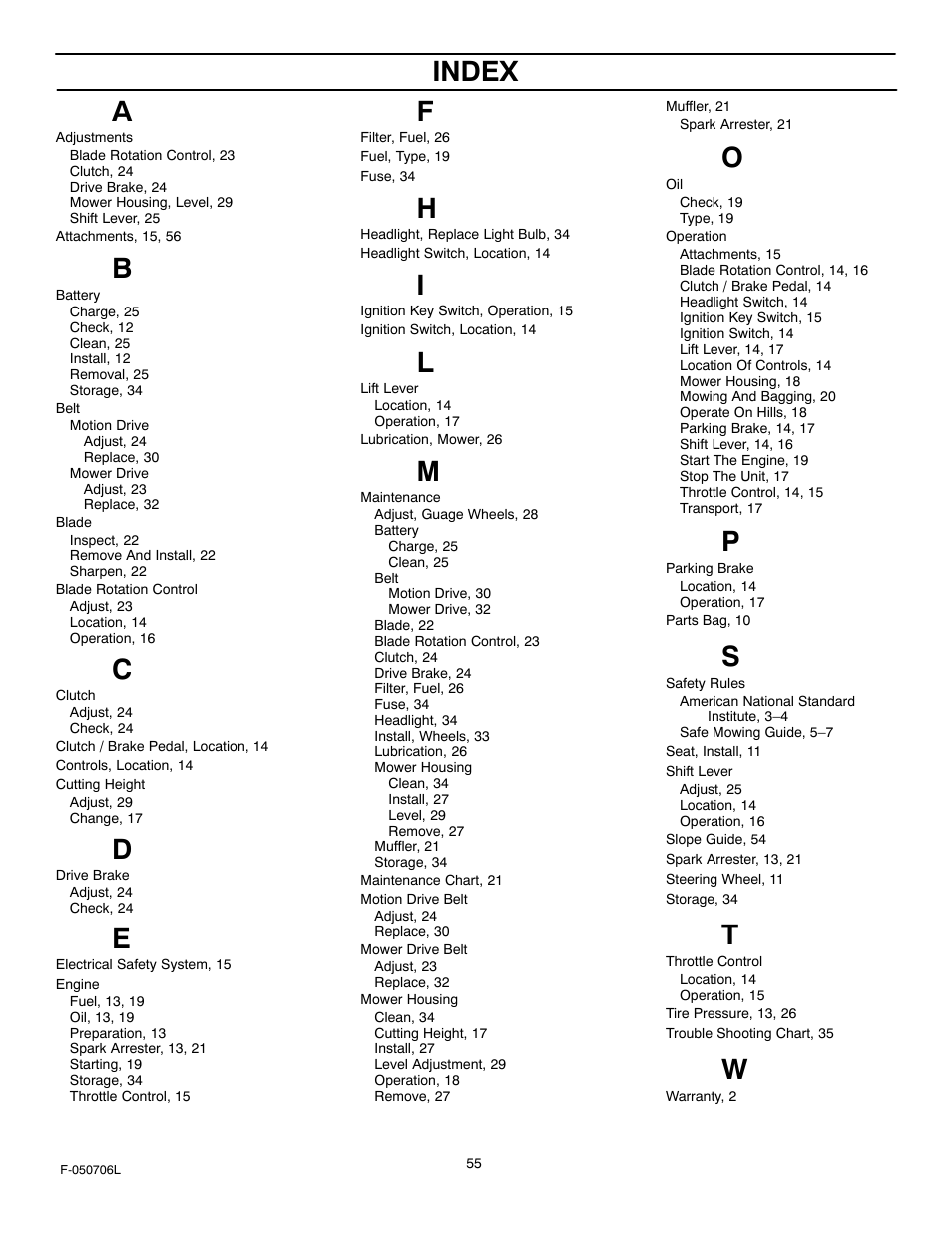 Index | Murray 425014x92B User Manual | Page 55 / 56