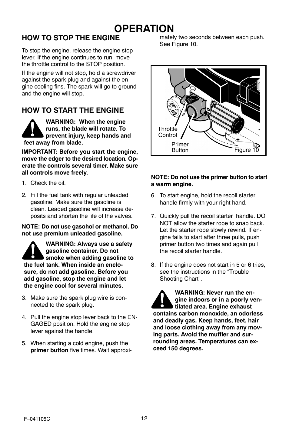 Operation, How to stop the engine, How to start the engine | Murray EV3850x4NA User Manual | Page 12 / 24