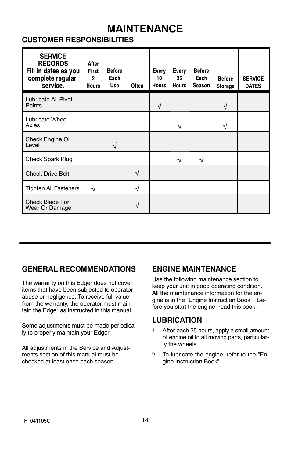 Maintenance | Murray EV3850x4NA User Manual | Page 14 / 24