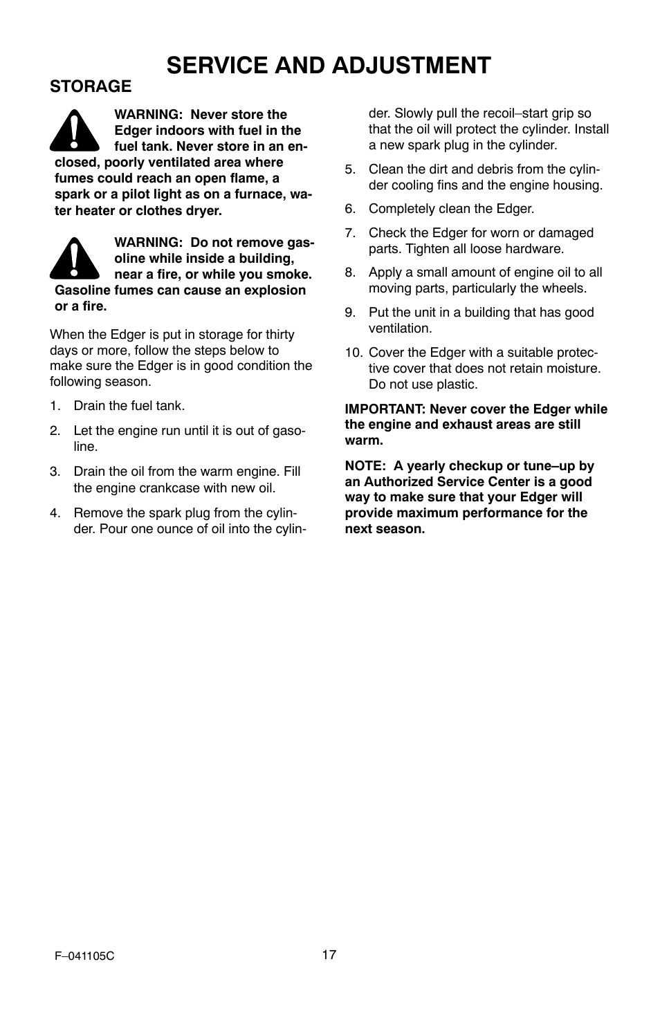 Service and adjustment, Storage | Murray EV3850x4NA User Manual | Page 17 / 24