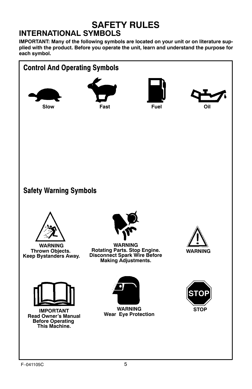 Safety rules, International symbols, Control and operating symbols | Safety warning symbols | Murray EV3850x4NA User Manual | Page 5 / 24