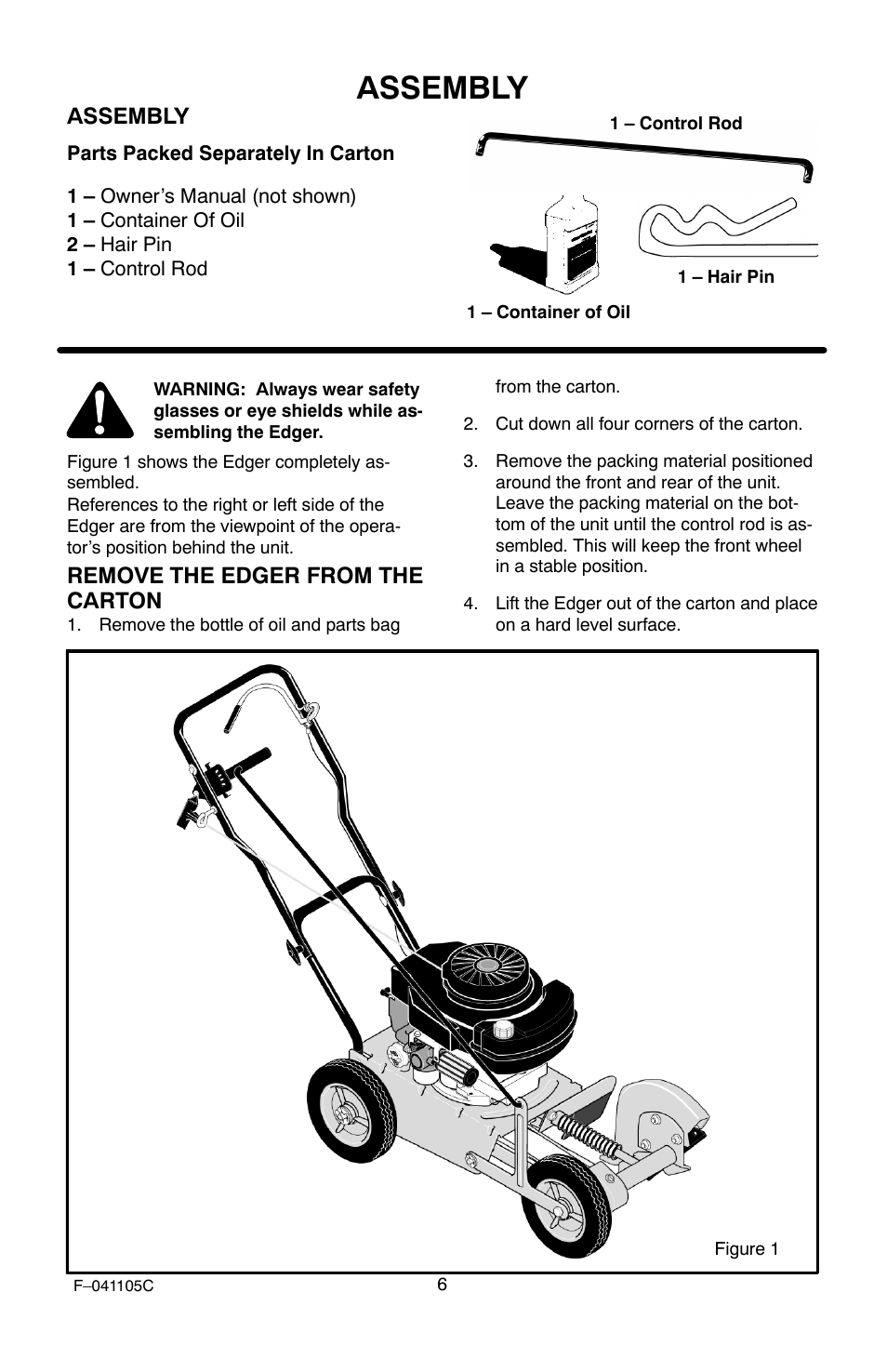 Assembly, Remove the edger from the carton | Murray EV3850x4NA User Manual | Page 6 / 24