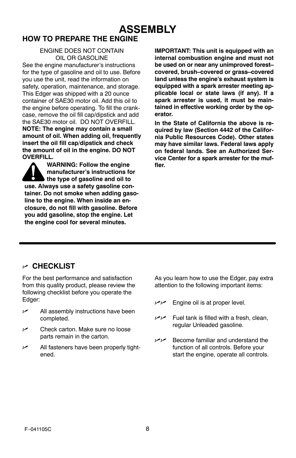 Assembly, How to prepare the engine, Checklist | Murray EV3850x4NA User Manual | Page 8 / 24