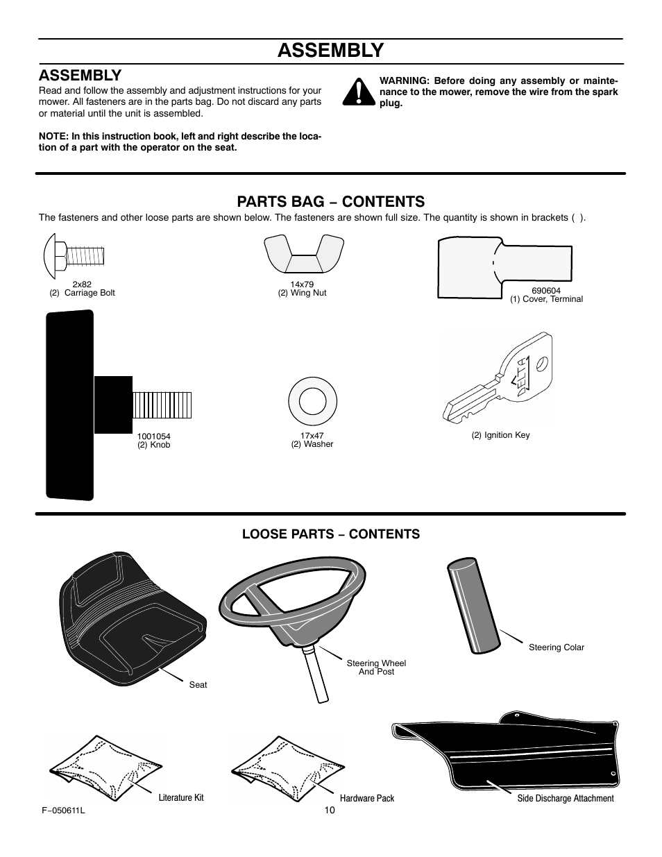 Assembly, Parts bag − contents, Loose parts − contents | Murray 309007x8B User Manual | Page 10 / 52