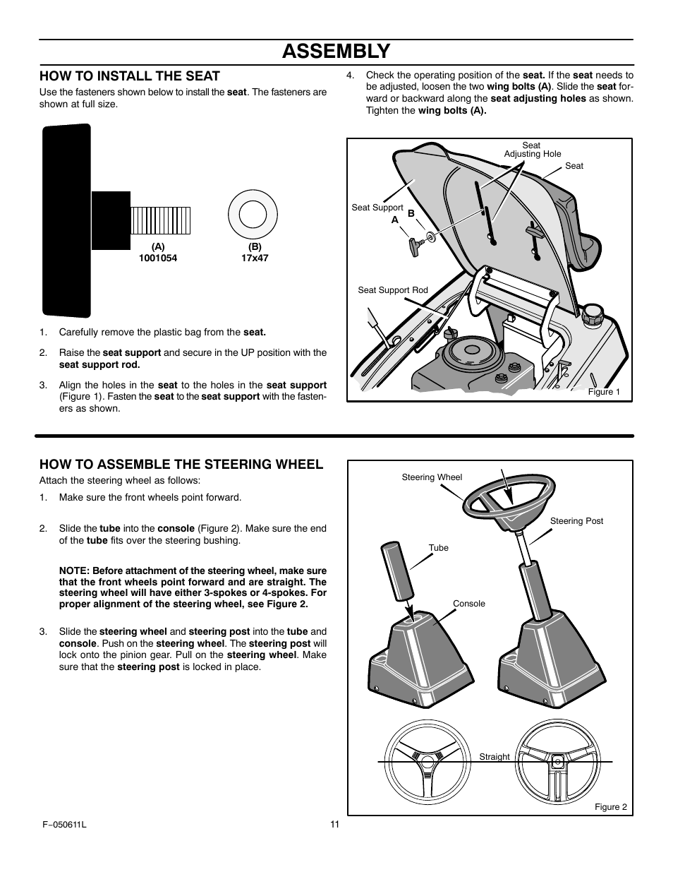 Assembly, How to install the seat, How to assemble the steering wheel | Murray 309007x8B User Manual | Page 11 / 52