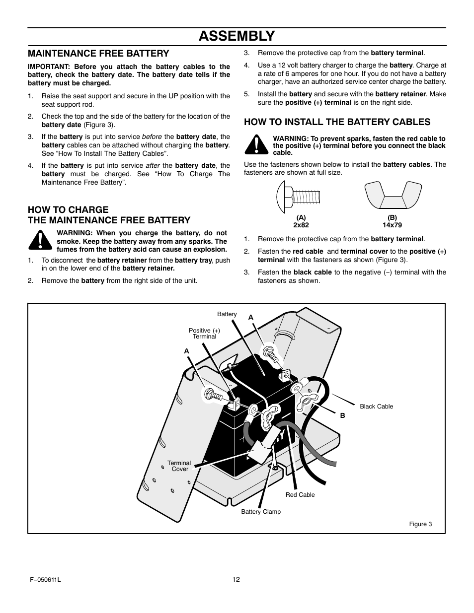 Assembly, Maintenance free battery, How to charge the maintenance free battery | How to install the battery cables | Murray 309007x8B User Manual | Page 12 / 52