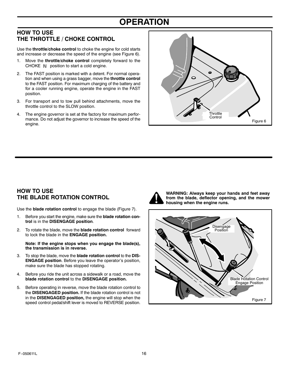 Operation, How to use the throttle / choke control, How to use the blade rotation control | Murray 309007x8B User Manual | Page 16 / 52